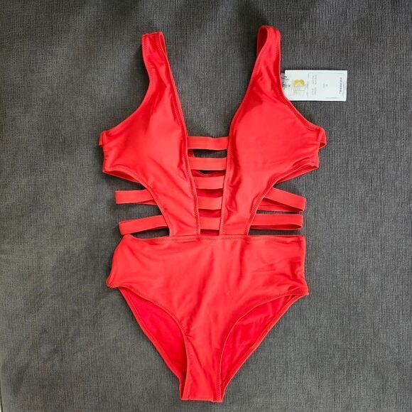 Tinibikini orange red strappy cut out one piece women's extra small XS swimsuit - Picture 1 of 11